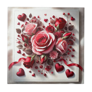 Rosa Keramik Blumenstrauß und Rotes Herz Tile Fliese