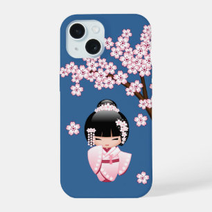 Rosa Kimono Kawaii Kokeshi Puppe auf Blau iPhone 15 Hülle