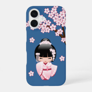 Rosa Kimono Kawaii Kokeshi Puppe auf Blau iPhone 16 Hülle