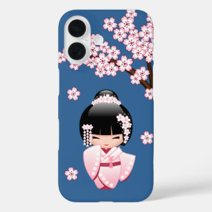 Rosa Kimono Kawaii Kokeshi Puppe auf Blau iPhone 16 Hülle