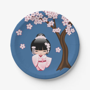 Rosa Kimono Kawaii Kokeshi-Puppe auf Blau Pappteller