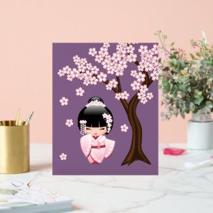 Rosa Kimono Kawaii Kokeshi-Puppe auf Lila Acrylschild