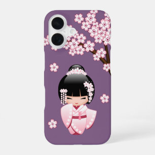 Rosa Kimono Kawaii Kokeshi-Puppe auf Lila iPhone 16 Hülle