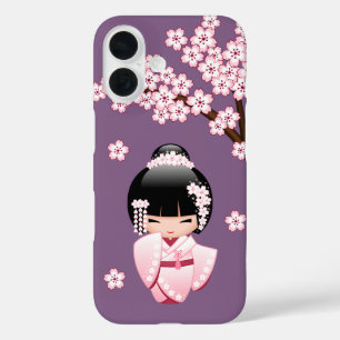 Rosa Kimono Kawaii Kokeshi-Puppe auf Lila iPhone 16 Hülle