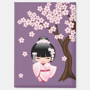 Rosa Kimono Kawaii Kokeshi-Puppe auf Lila Magnet