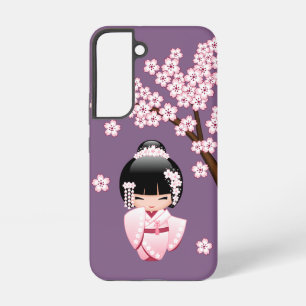 Rosa Kimono Kawaii Kokeshi-Puppe auf Lila Samsung Galaxy Hülle