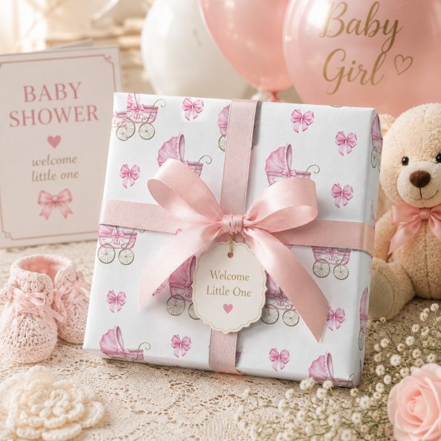 Rosa Kinderwagen & Bogen Wasserfarbe Geschenkpapier (Von Creator hochgeladen)