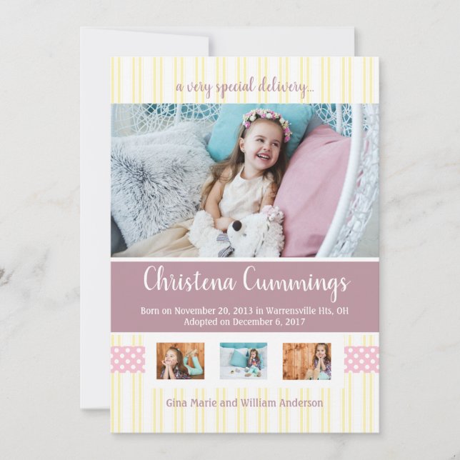 Rosa Kinderzimmer Streifen Adoption Ankündigung (Vorderseite)