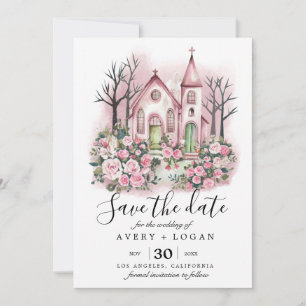 rosa Kirchen-Blumen-Aquarell Save the Date Einladung