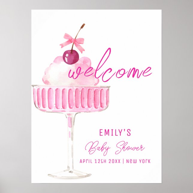 Rosa Kirsch Champagner Brunch Baby Shower Willkomm Poster (Vorne)