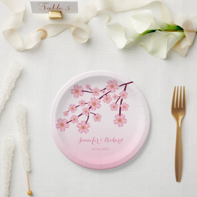 Rosa Kirschblossom Baumzweig mit Namen Hochzeit Pappteller (Hochzeit)