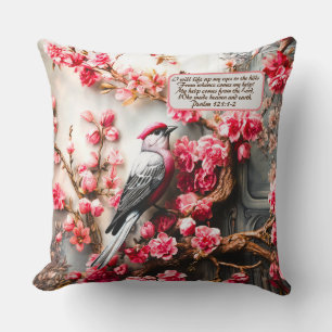 Rosa Kirschblossom Blüte mit Vogel & Bibelverse Kissen
