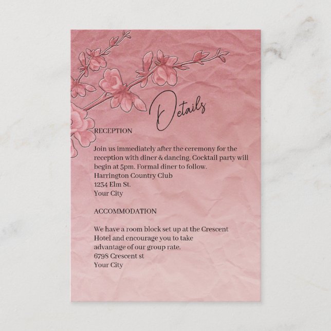 Rosa Kirschblossom - Details zur Hochzeitsszenieru Begleitkarte (Vorderseite)