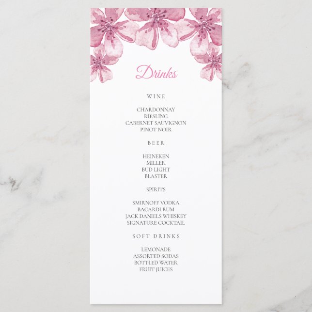 Rosa Kirschblüte. Blumenmenü für Hochzeiten Bar Menükarte (Vorderseite)