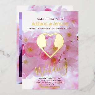 Rosa Kirschblüte & GOLD-Gay-Hochzeit Folieneinladung
