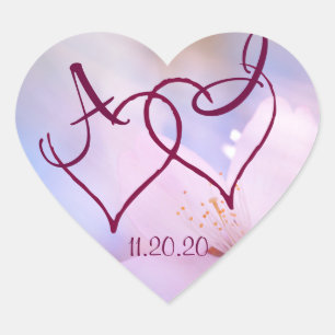 Rosa Kirschblüte und zwei Herzen individuell anpas Herz-Aufkleber