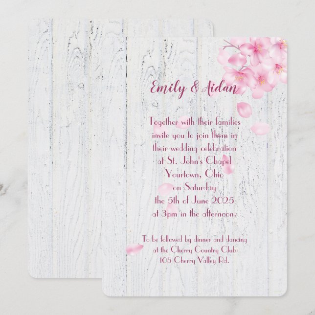 Rosa Kirschblüten auf Holzhochzeit Einladung (Vorne/Hinten)