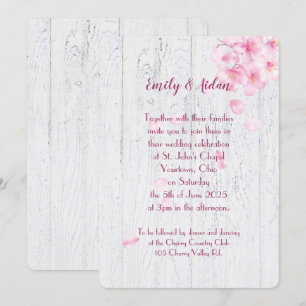 Rosa Kirschblüten auf Holzhochzeit Einladung