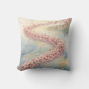 Rosa Kirschblüten-Fluss-Aquarellszene Kissen