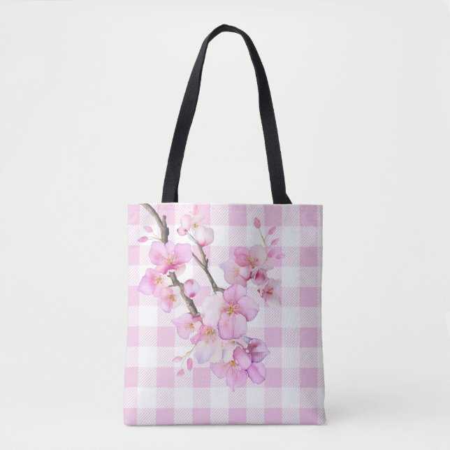 Rosa Kirschblüten karierter Gingham Tasche (Vorderseite)