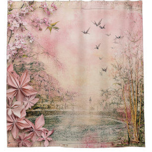 Rosa Kirschblüten-Landschaft Serenity (8) Duschvorhang