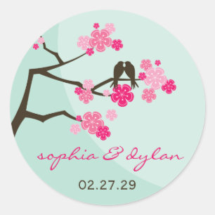 Rosa Kirschblüten lieben Vögel Hochzeitsticker Runder Aufkleber