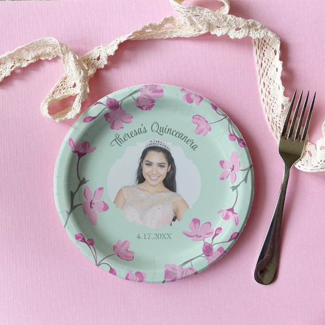 Rosa Kirschblüten, Minzgrün, Foto Pappteller (Von Creator hochgeladen)