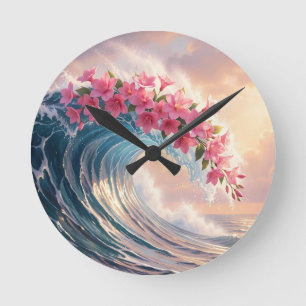 Rosa Kirschblüten-Ozeanwelle Surreal Runde Wanduhr