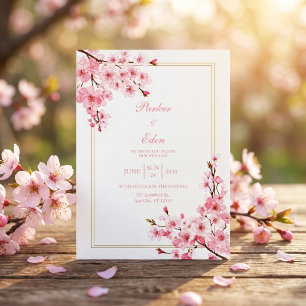 Rosa Kirschblüten Romantischer Goldrahmen Hochzeit Einladung