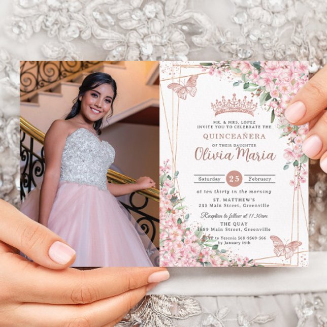 Rosa Kirschblüten Rose Gold Quinceañera Foto Einladung (Von Creator hochgeladen)