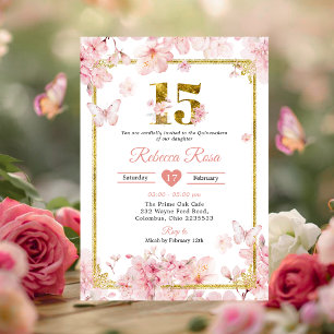 Rosa Kirschblüten-Sakura Gold 15. Quinceañera Einladung