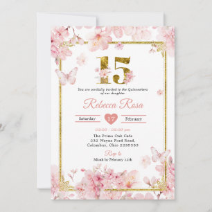 Rosa Kirschblüten-Sakura Gold 15. Quinceañera Einladung