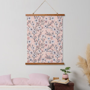 Rosa Kirschblüten-Sakura-Muster auf Rosa Wandteppich Mit Holzrahmen