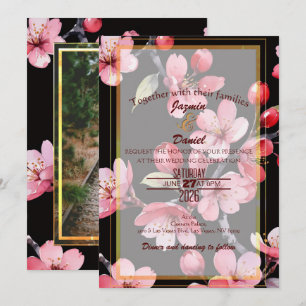Rosa Kirschblüten Schwarze Fotobox-Einladung Einladung