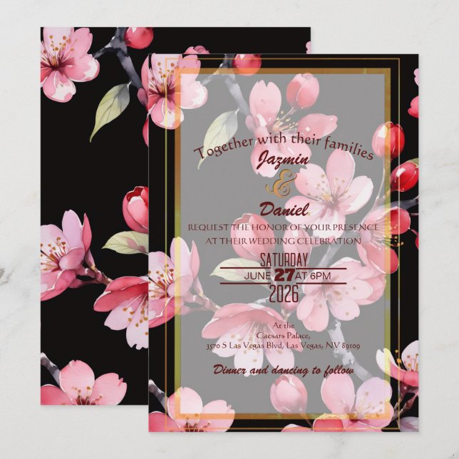 Rosa Kirschblüten Schwarzer Hintergrund Einladung (Vorne/Hinten)