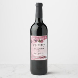 Rosa Kirschblüten und Schmetterlinge Hochzeitswein Weinetikett