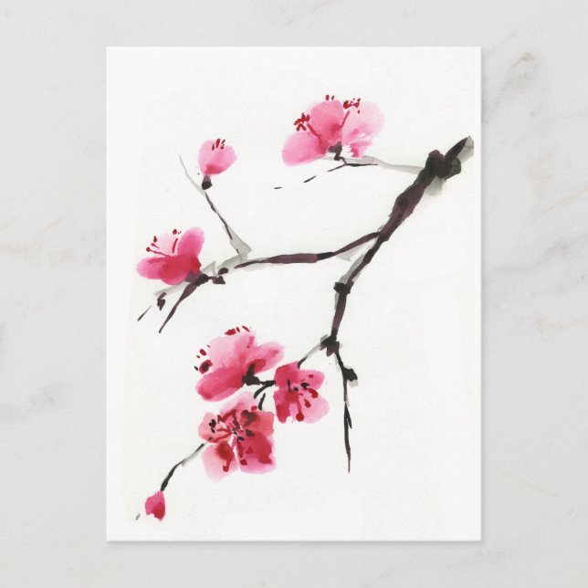 Rosa Kirschblütenzweig – Tuschepinsel-Kunst Postkarte (Vorderseite)