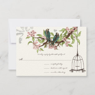 Rosa Kirsche Blüten Aquamarine Vögel Birdcage UAWG RSVP Karte