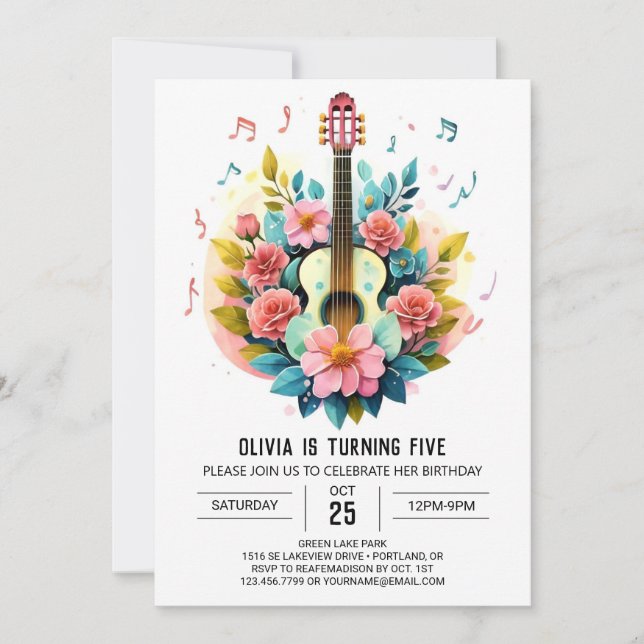 Rosa klassische Gitarre Geburtstag Einladung (Vorderseite)