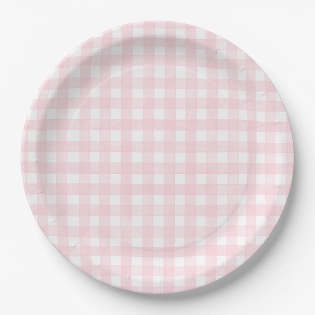 Rosa Klassisches Gingham Pappteller (Vorderseite)