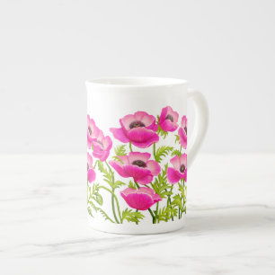 Rosa Klatschmohn-Blumen-Knochen-China-Tasse Prozellantasse