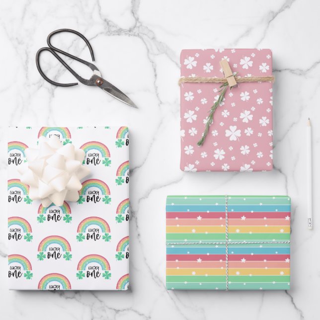 Rosa Klee und Regenbogen Lucky Eins erster Geburts Geschenkpapier Set (Vorderseite)