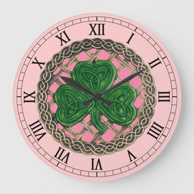 Rosa Kleeblatt u. Celtic-Knoten-römische Große Wanduhr (Vorderseite)