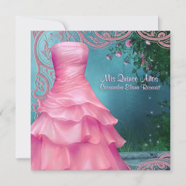 Rosa Kleid Aquamarin Blau Rosa Roses Quinceanera Einladung (Vorderseite)