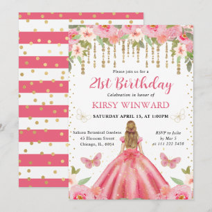 Rosa Kleid Blonde haarige Prinzessin Geburtstag Einladung