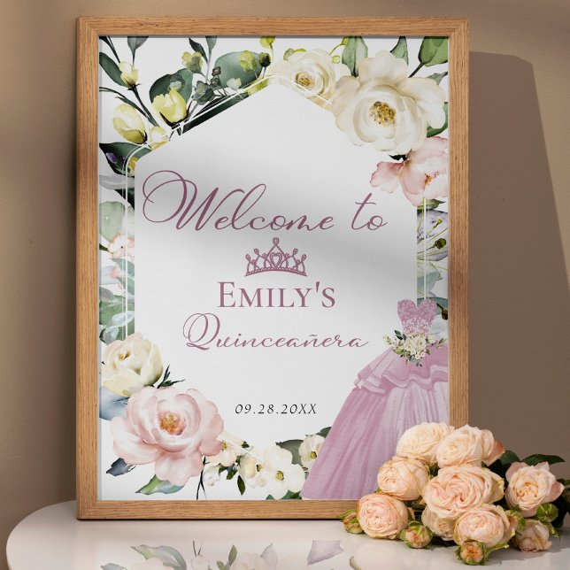 Rosa Kleid Blumenrahmen Quinceañera Begrüßungszeic Poster (Von Creator hochgeladen)