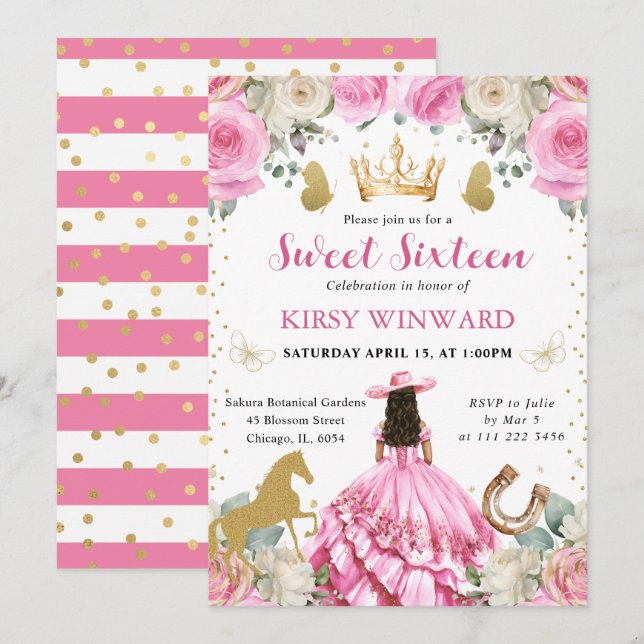 Rosa Kleid Brünetter Western Prinzessin Sweet 16 Einladung (Vorne/Hinten)
