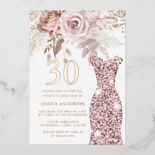 Rosa Kleid Fabelhaft 30. Geburtstagsfeier Roségold Folieneinladung