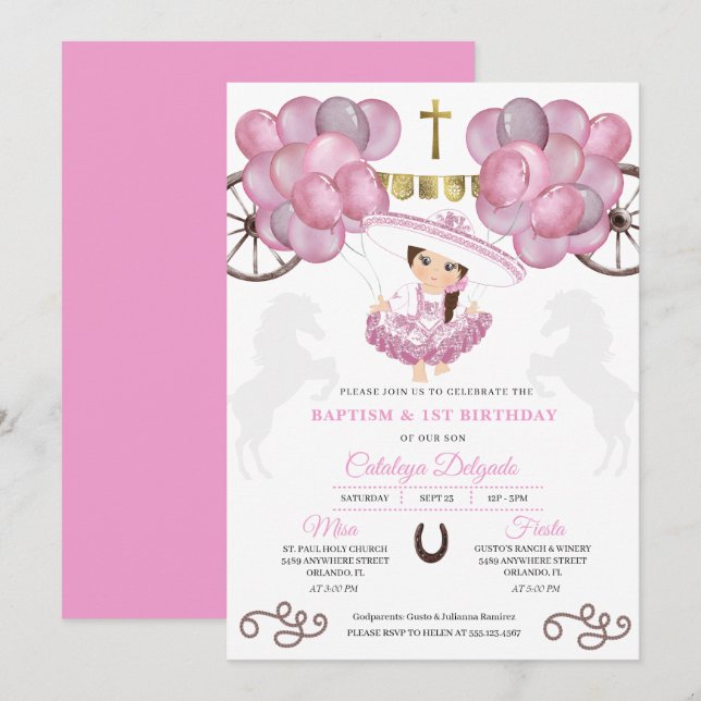 Rosa Kleid Gold Baby Charra Balloons Taufe Einladung (Vorne/Hinten)