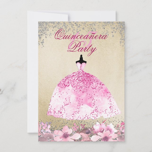Rosa Kleid Gold Silver Glitzer Quinceanera Einlade Einladung (Vorderseite)